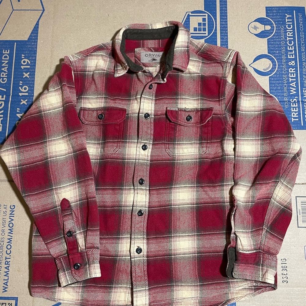 Orvis Men’s Flannel Shacket Sz Large Red Beige Plaid